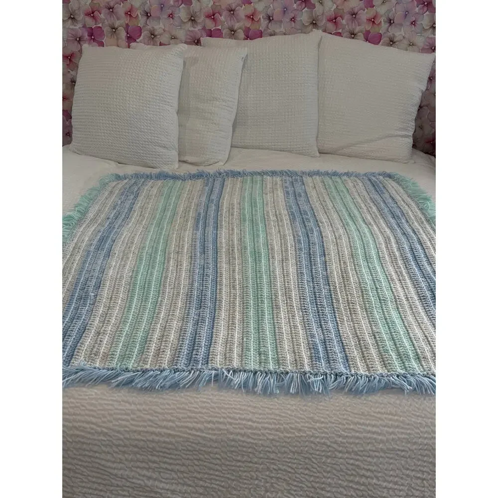 HANDMADE Crochet Afghan Throw Blanket 57x57 Pastel Blue Mint Fringed Cottagecore